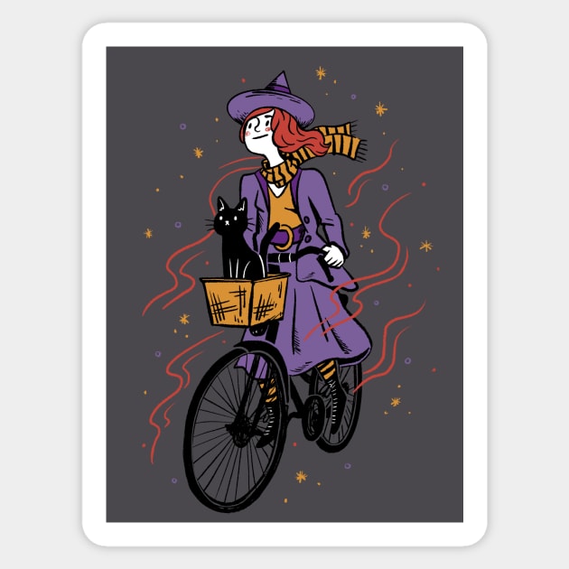 Cute Cartoon Witch Riding a Bicycle Sticker by SLAG_Creative